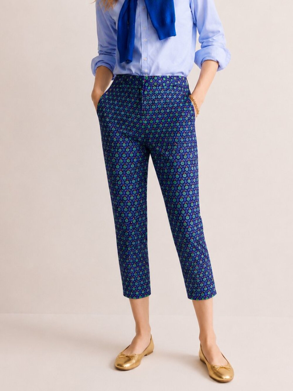 BODEN Bistro Crop Pants WM329 Geometric Blue/Green/Red Print Stretch Cotton US 6